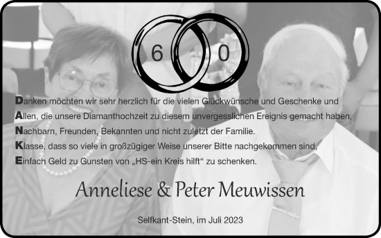 Glückwunschanzeige von Anneliese und Peter Meuwissen von Zeitung am Sonntag