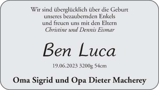 Glückwunschanzeige von Ben Luca  von Zeitung am Sonntag