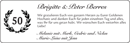 Glückwunschanzeige von Brigitte und Peter Berres von Zeitung am Sonntag