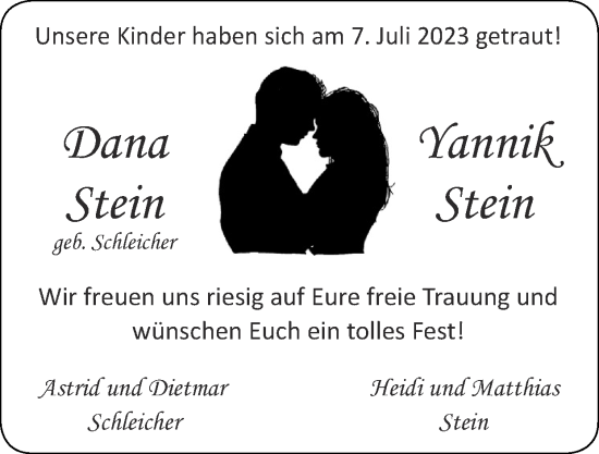 Glückwunschanzeige von Dana und Yannik Stein von Zeitung am Sonntag