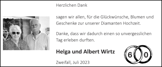 Glückwunschanzeige von Danksagung Diamanten Hochzeit  von Zeitung am Sonntag