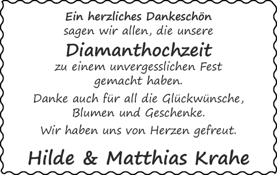 Glückwunschanzeige von Danksagung Diamanthochzeit  von Zeitung am Sonntag