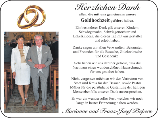 Glückwunschanzeige von Danksagung Goldhochzeit  von Zeitung am Sonntag