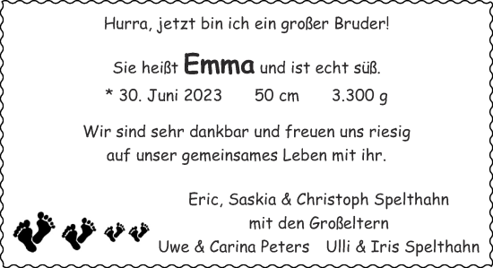 Glückwunschanzeige von Emma  von Zeitung am Sonntag