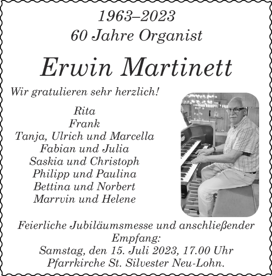 Glückwunschanzeige von Erwin Martinett von Zeitung am Sonntag