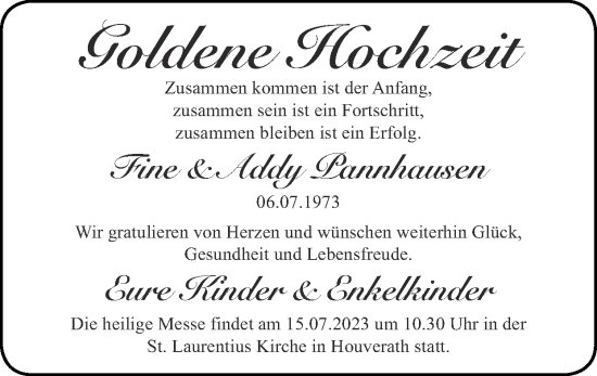 Glückwunschanzeige von Fine und Addy Pannhausen von Zeitung am Sonntag