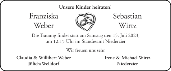 Glückwunschanzeige von Franziska und Sebastian Weber, Wirtz von Zeitung am Sonntag