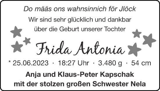 Glückwunschanzeige von Frida Antonia von Zeitung am Sonntag