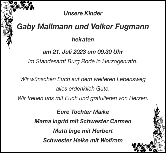 Glückwunschanzeige von Gaby und Volker Fugmann von Zeitung am Sonntag