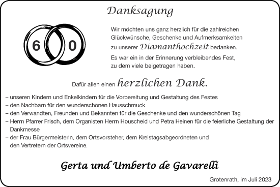 Glückwunschanzeige von Gerta und Umberto de Gavarelli von Zeitung am Sonntag