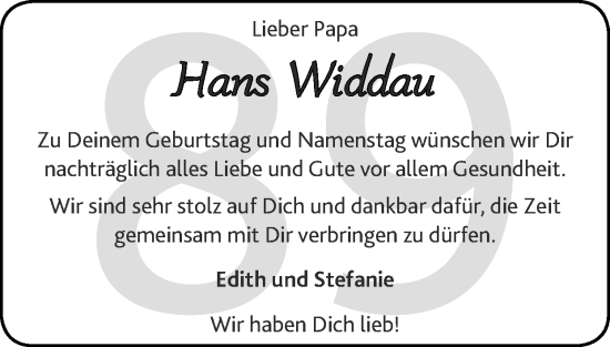 Glückwunschanzeige von Hans  Widdau von Zeitung am Sonntag