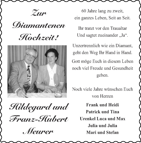 Glückwunschanzeige von Hildegard und Franz-Hubert Meurer von Zeitung am Sonntag