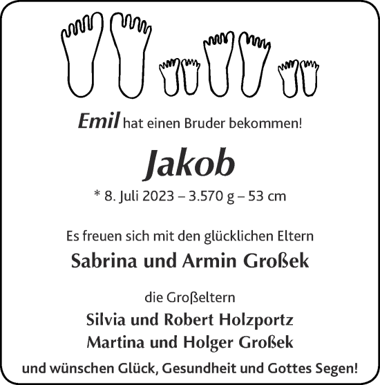 Glückwunschanzeige von Jakob Großek von Zeitung am Sonntag