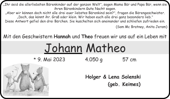 Glückwunschanzeige von Johann  Matheo von Zeitung am Sonntag