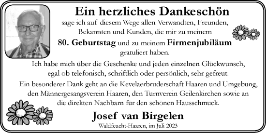 Glückwunschanzeige von Josef van Birgelen von Zeitung am Sonntag