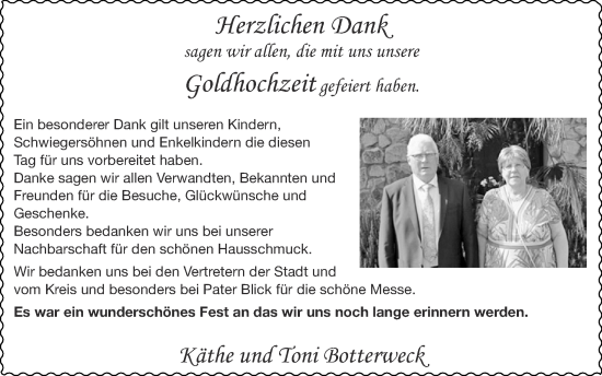 Glückwunschanzeige von Käthe und Toni Botterweck von Zeitung am Sonntag