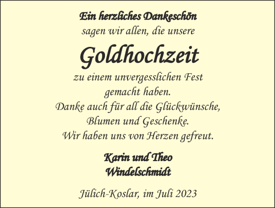 Glückwunschanzeige von Karin und Theo Windelschmidt von Zeitung am Sonntag