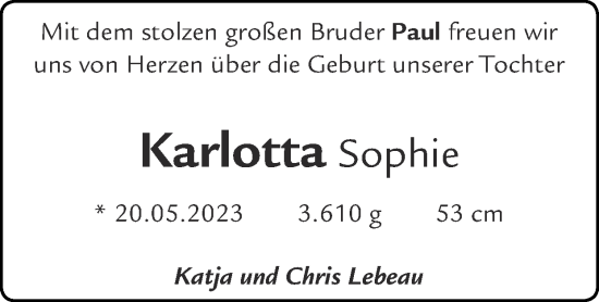 Glückwunschanzeige von Karlotta Sophie  von Zeitung am Sonntag