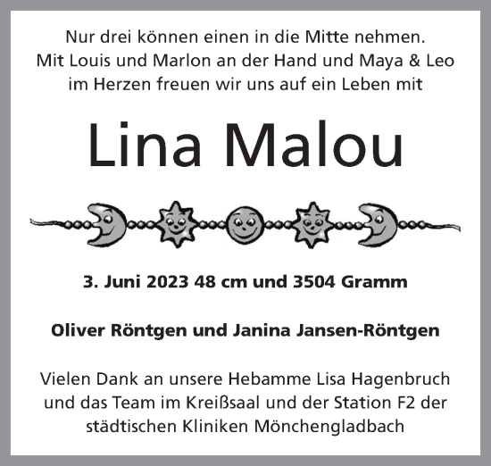 Glückwunschanzeige von Lina Malou  von Zeitung am Sonntag