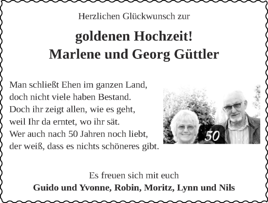 Glückwunschanzeige von Marlene und Georg Güttler von Zeitung am Sonntag
