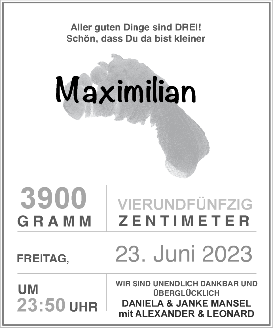 Glückwunschanzeige von Maximilian  von Zeitung am Sonntag