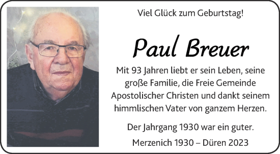 Glückwunschanzeige von Paul Breuer von Aachener Zeitung