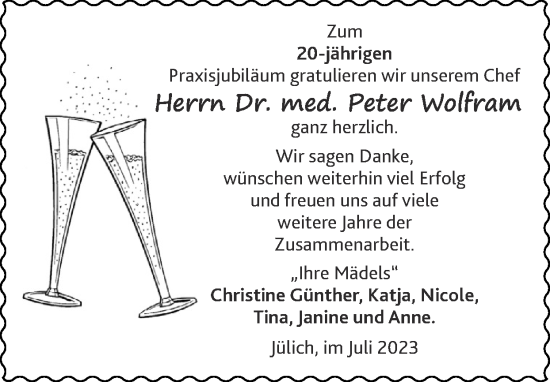 Glückwunschanzeige von Peter  Wolfram von Zeitung am Sonntag