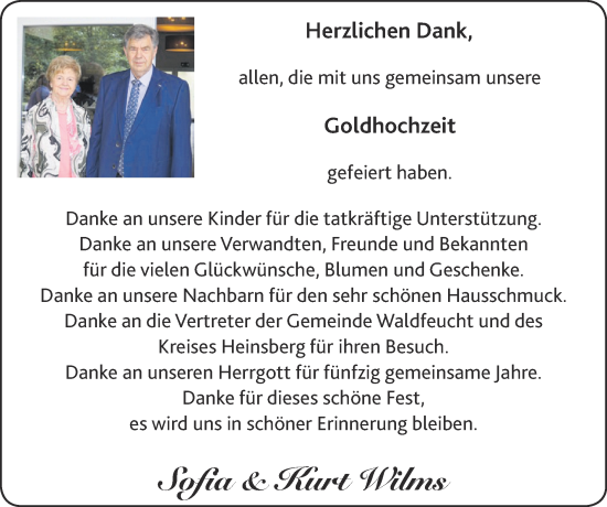 Glückwunschanzeige von Sofia & Kurt Wilms von Zeitung am Sonntag