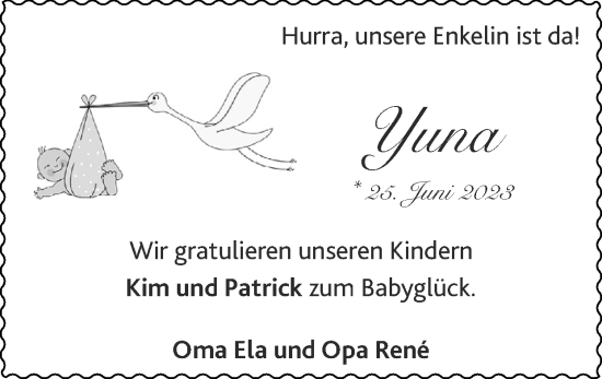 Glückwunschanzeige von Yuna  von Zeitung am Sonntag