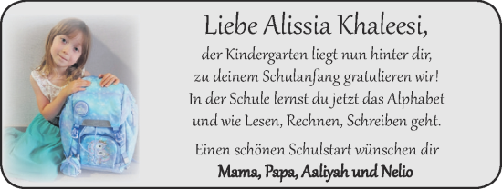 Glückwunschanzeige von Alissia Khaleesi  von Zeitung am Sonntag