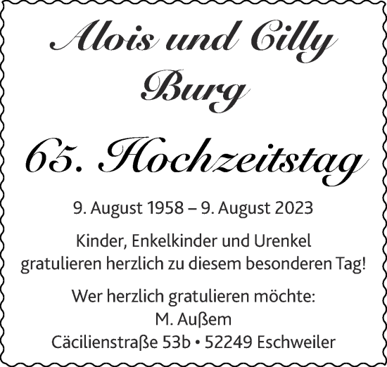 Glückwunschanzeige von Alois und Cilly Burg von Zeitung am Sonntag