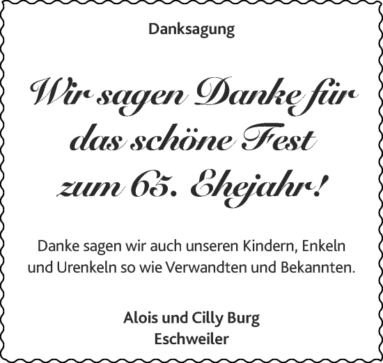 Glückwunschanzeige von Alois und Cilly Burg von Zeitung am Sonntag
