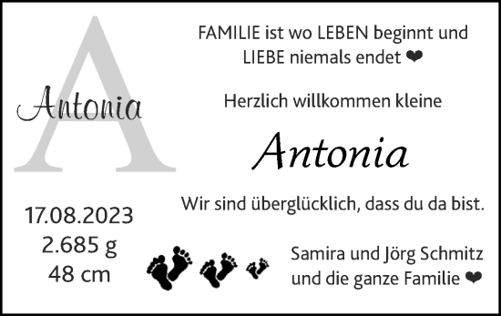 Glückwunschanzeige von Antonia  von Zeitung am Sonntag