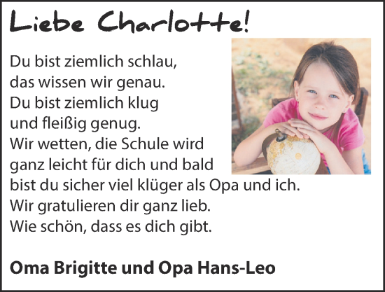 Glückwunschanzeige von Charlotte  von Zeitung am Sonntag
