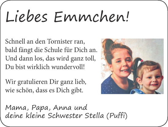 Glückwunschanzeige von Emmchen  von Zeitung am Sonntag
