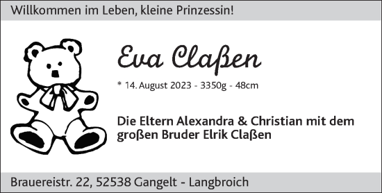 Glückwunschanzeige von Eva Claßen von Zeitung am Sonntag
