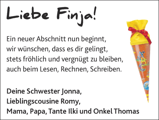 Glückwunschanzeige von Finja  von Zeitung am Sonntag