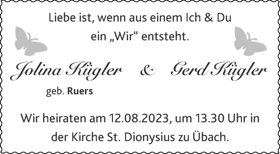 Glückwunschanzeige von Jolina und Gerd Kügler von Aachener Zeitung