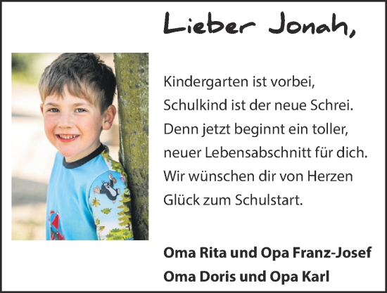 Glückwunschanzeige von Jonah  von Zeitung am Sonntag