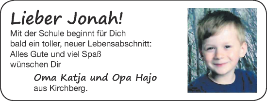 Glückwunschanzeige von Jonah  von Zeitung am Sonntag