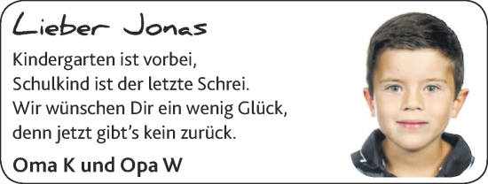 Glückwunschanzeige von Jonas  von Zeitung am Sonntag