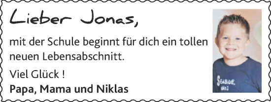 Glückwunschanzeige von Jonas  von Zeitung am Sonntag