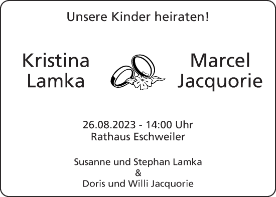 Glückwunschanzeige von Kristina und Marcel Lamka, Jacquorie von Aachener Zeitung