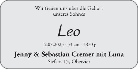Glückwunschanzeige von Leo  von Zeitung am Sonntag