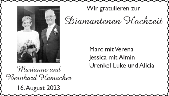 Glückwunschanzeige von Marianne und Bernhard Hamacher von Zeitung am Sonntag