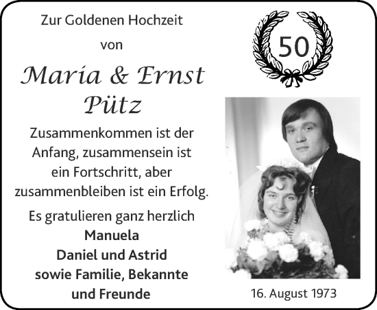 Glückwunschanzeige von Maria & Ernst Pütz von Zeitung am Sonntag