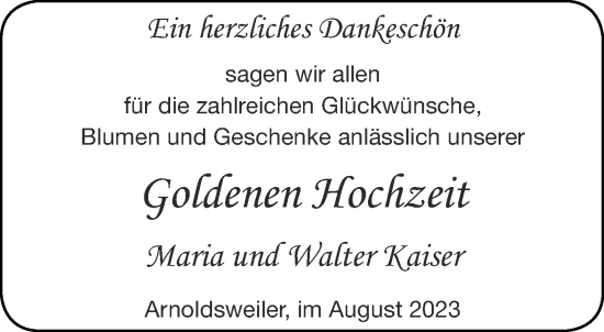 Glückwunschanzeige von Maria und Walter Kaiser von Aachener Zeitung