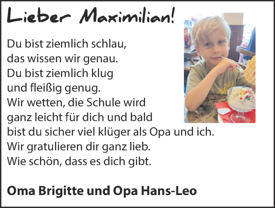 Glückwunschanzeige von Maximilian  von Zeitung am Sonntag