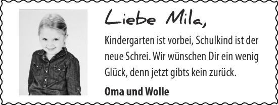 Glückwunschanzeige von Mila  von Zeitung am Sonntag