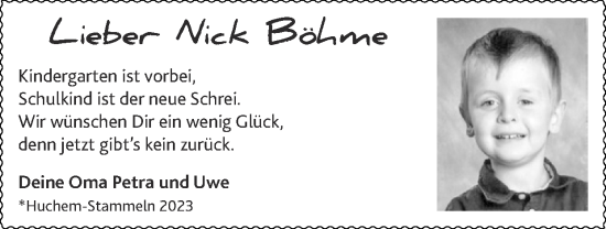 Glückwunschanzeige von Nick Böhme von Zeitung am Sonntag